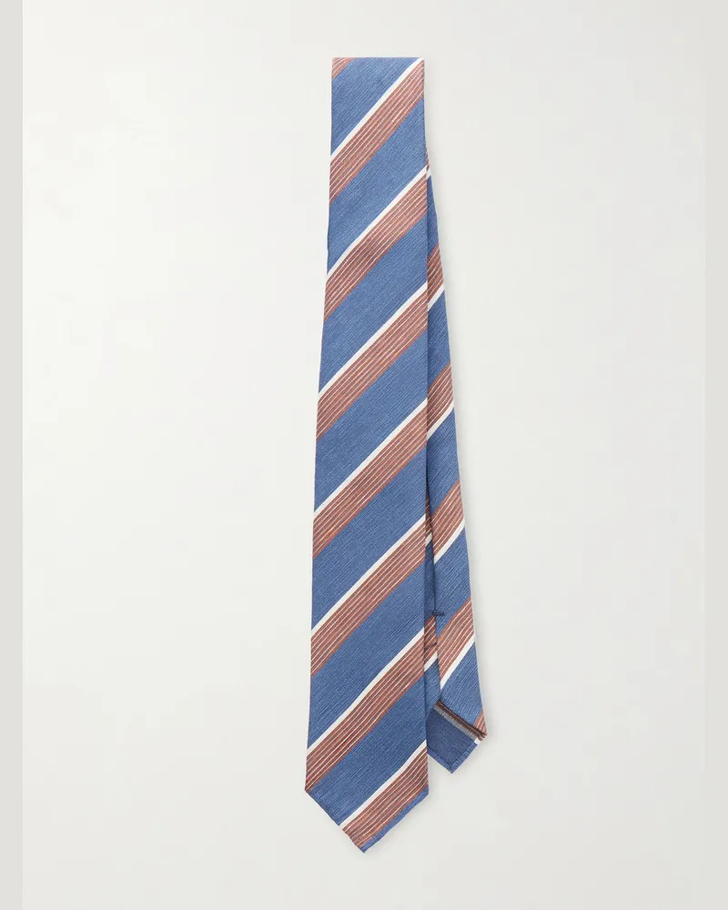 De Petrillo 7cm Striped Silk and Linen-Blend Tie Blue