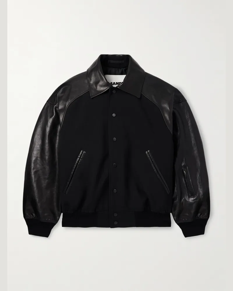 Jil Sander Oversized-Collegejacke aus Wolle mit Lederbesatz Schwarz