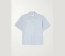 Convertible-Collar Striped Cotton and Linen-Blend Shirt