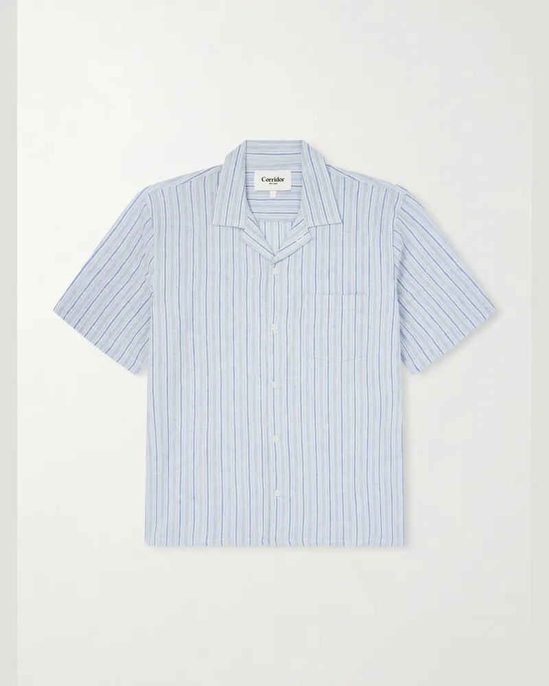 Corridor Convertible-Collar Striped Cotton and Linen-Blend Shirt Blue