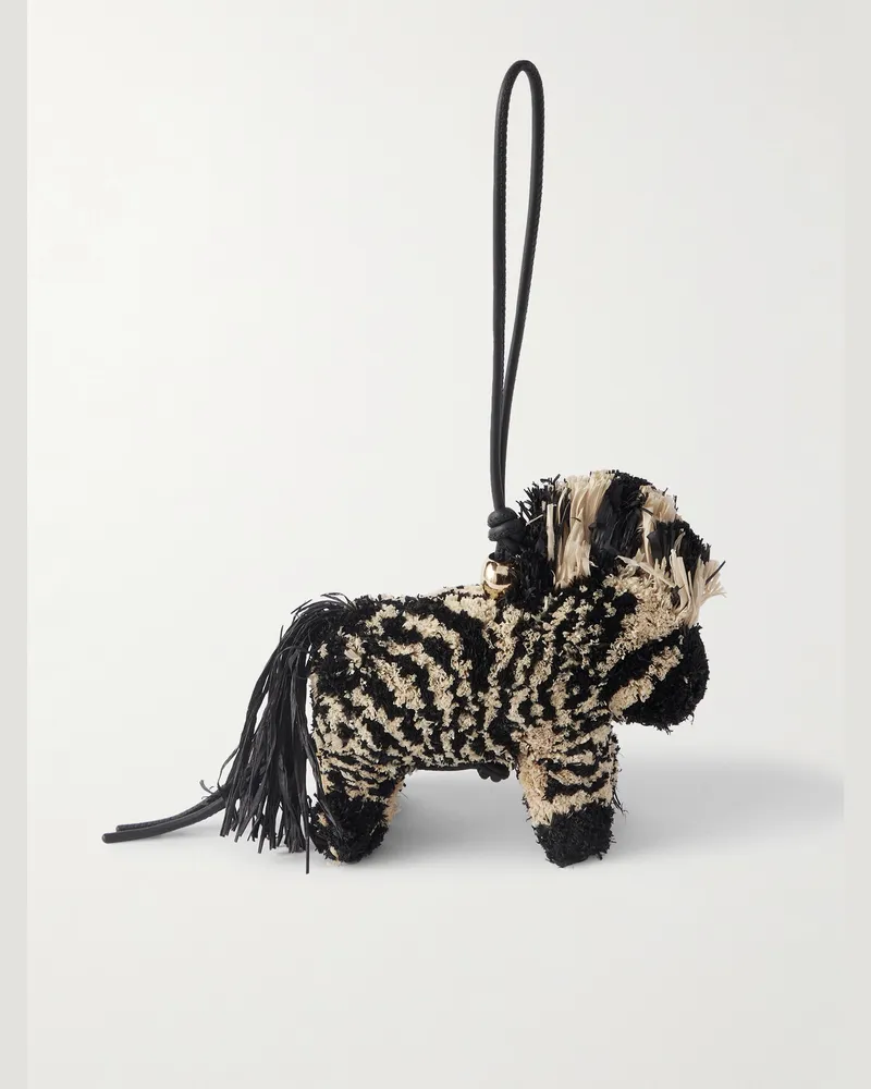 Loewe Paula's Ibiza Zebra Leather-Trimmed Raffia Charm Black