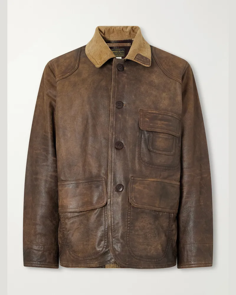 RRL Corduroy-Trimmed Leather Jacket Brown