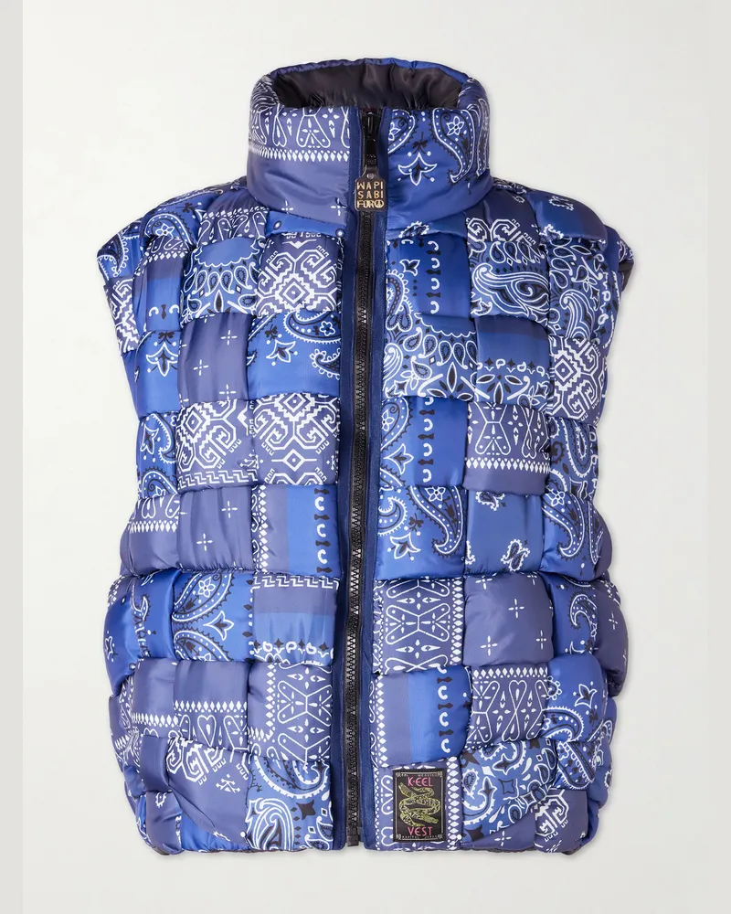 KAPITAL Quilted Patchwork Bandana-Print Shell Gilet Blue