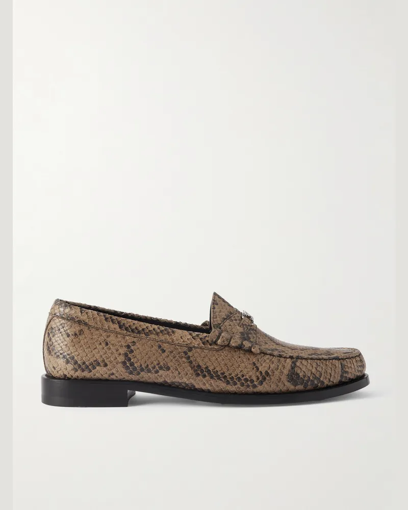 Celine Pennyloafers aus Leder mit Schlangeneffekt und Logoverzierung Braun