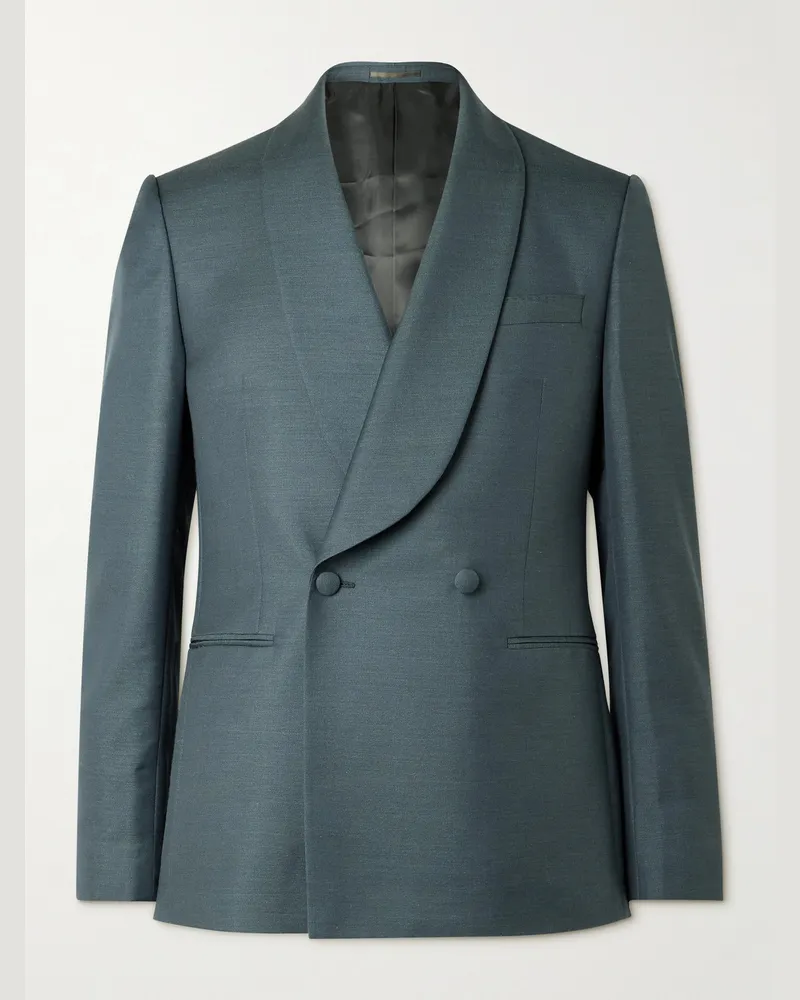 MR P. Schmal geschnittene doppelreihige Smokingjacke aus Twill aus einer Mischung aus Wolle, Mohair und Seide mit Schalkragen Grün