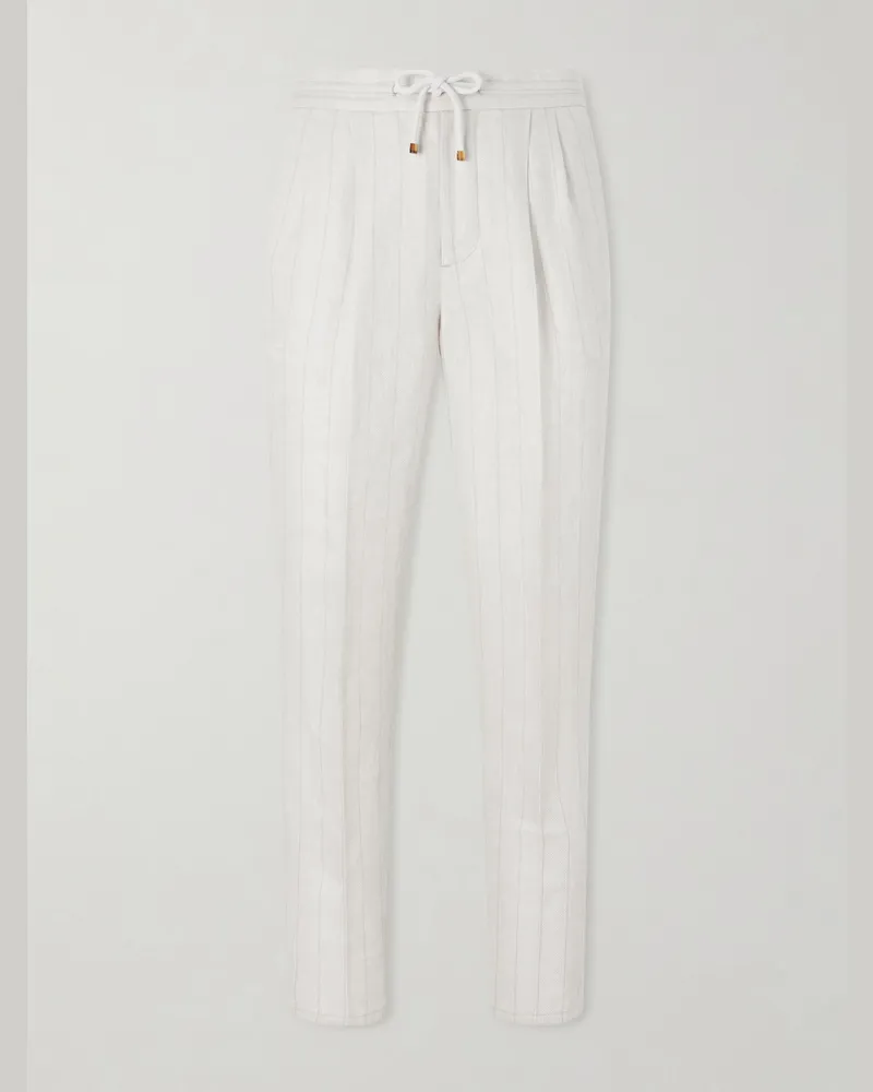 Brunello Cucinelli Straight-Leg Pinstriped Pleated Linen Trousers White