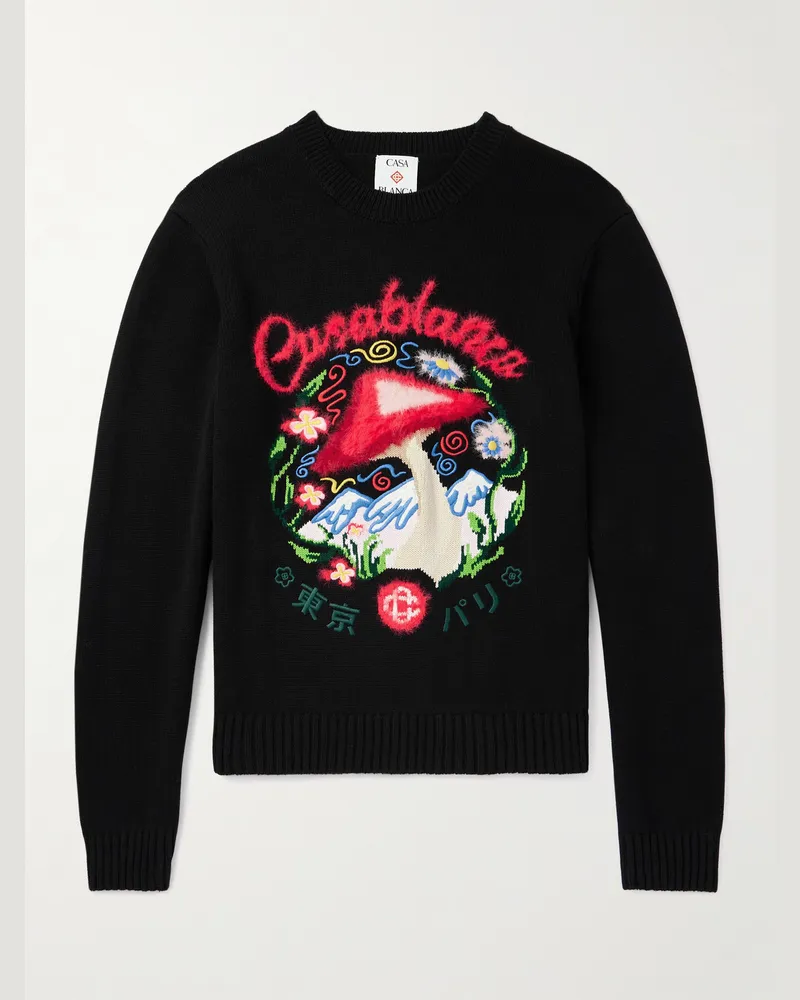 Casablanca Paris Mushroom Pullover aus Strick aus einer Baumwollmischung mit Intarsienmotiv und Stickerei Schwarz