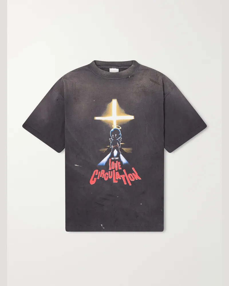 SAINT MXXXXXX Love Circulation Printed Distressed Cotton-Jersey T-Shirt Black