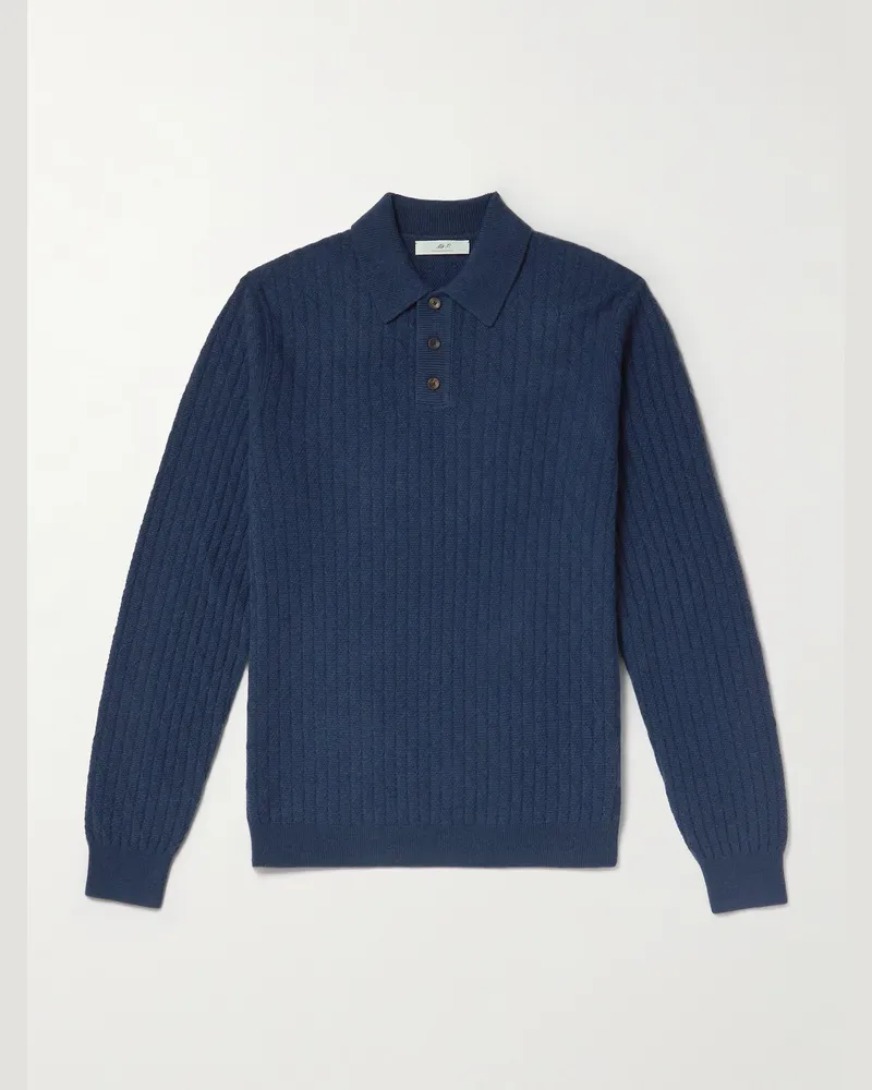 MR P. Pullover aus einer strukturierten Woll-Kamelhaarmischung mit Polokragen Blau