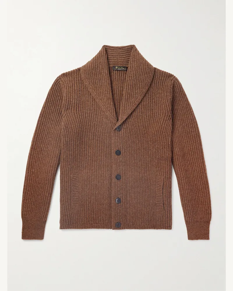 Loro Piana Cardigan aus Wolle in Rippstrick mit Schalkragen Braun