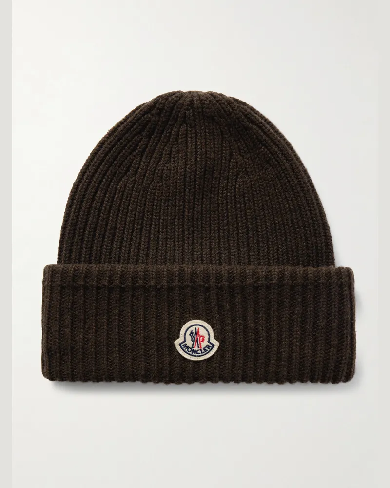 Moncler Beanie aus einer Schurwoll-Kaschmirmischung in Rippstrick mit Logoapplikation Braun