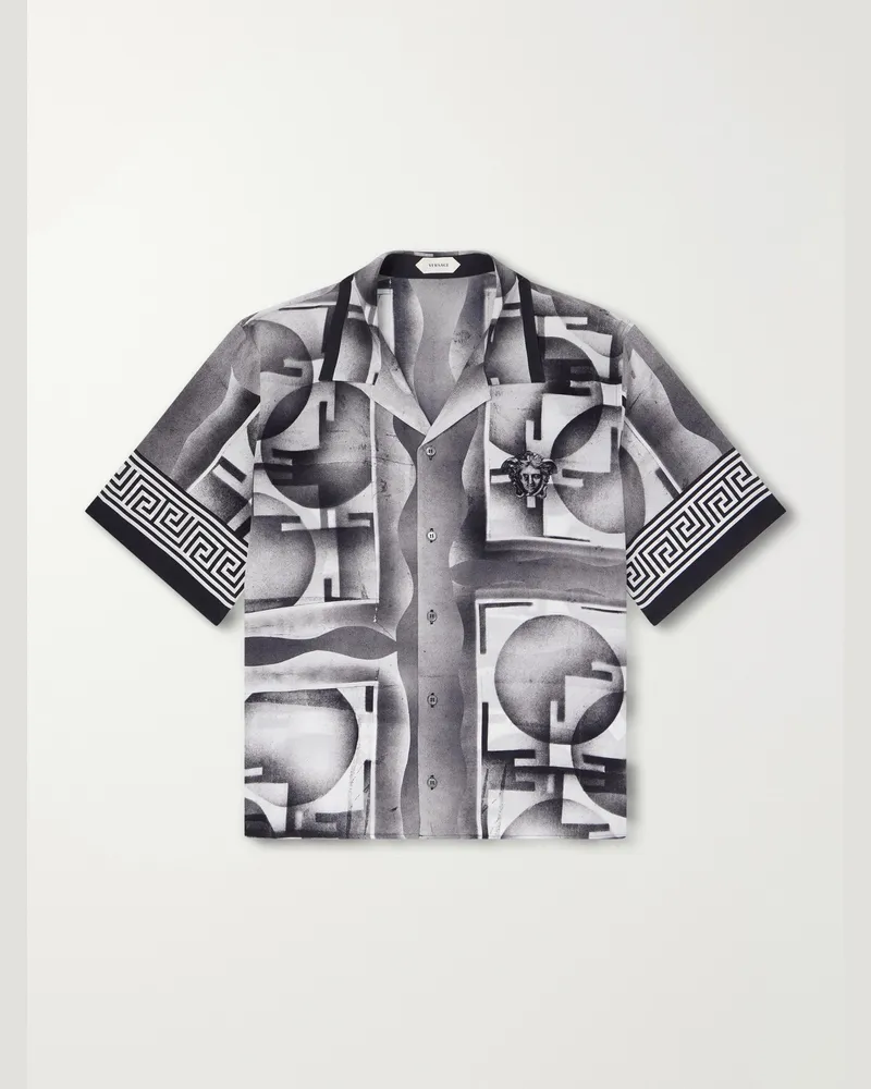 Versace Camp-Collar Printed Silk-Crepe De Chine Shirt Black