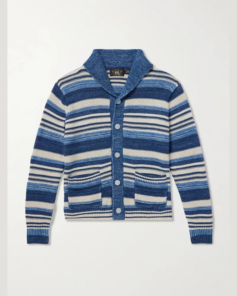 RRL Gestreifter Cardigan aus einer Baumwoll-Leinenmischung mit Schalkragen Blau