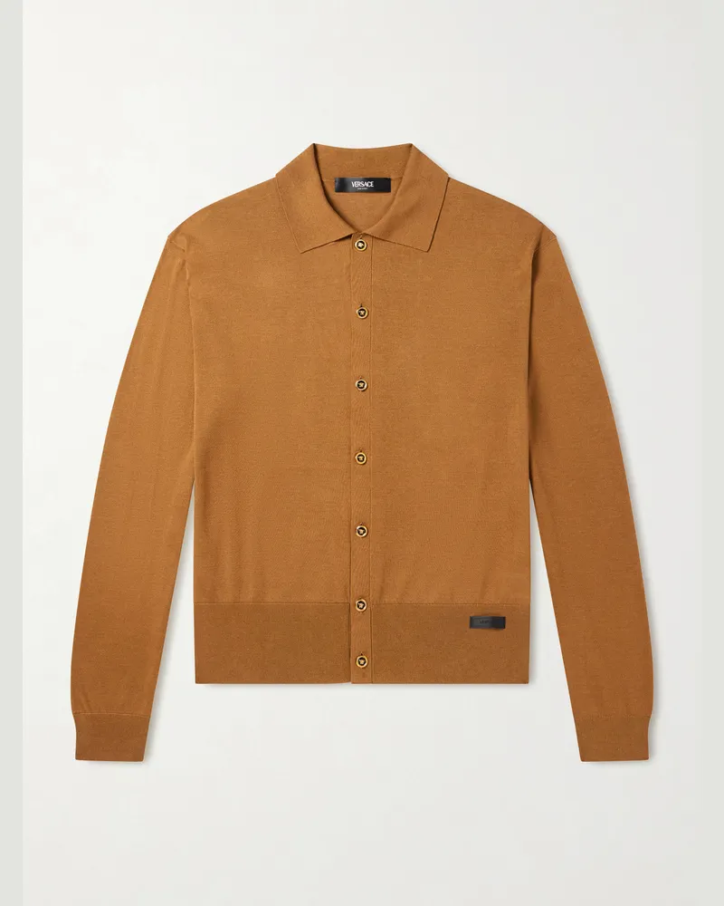 Versace Logo-Appliquéd Silk and Cotton-Blend Cardigan Brown