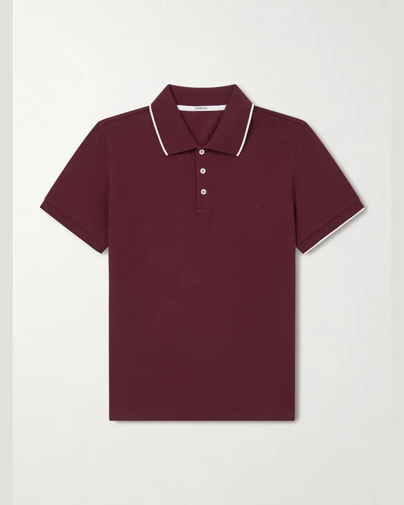 Saint Laurent Slim-Fit Logo-Embroidered Cotton-Piqué Polo Shirt Burgundy