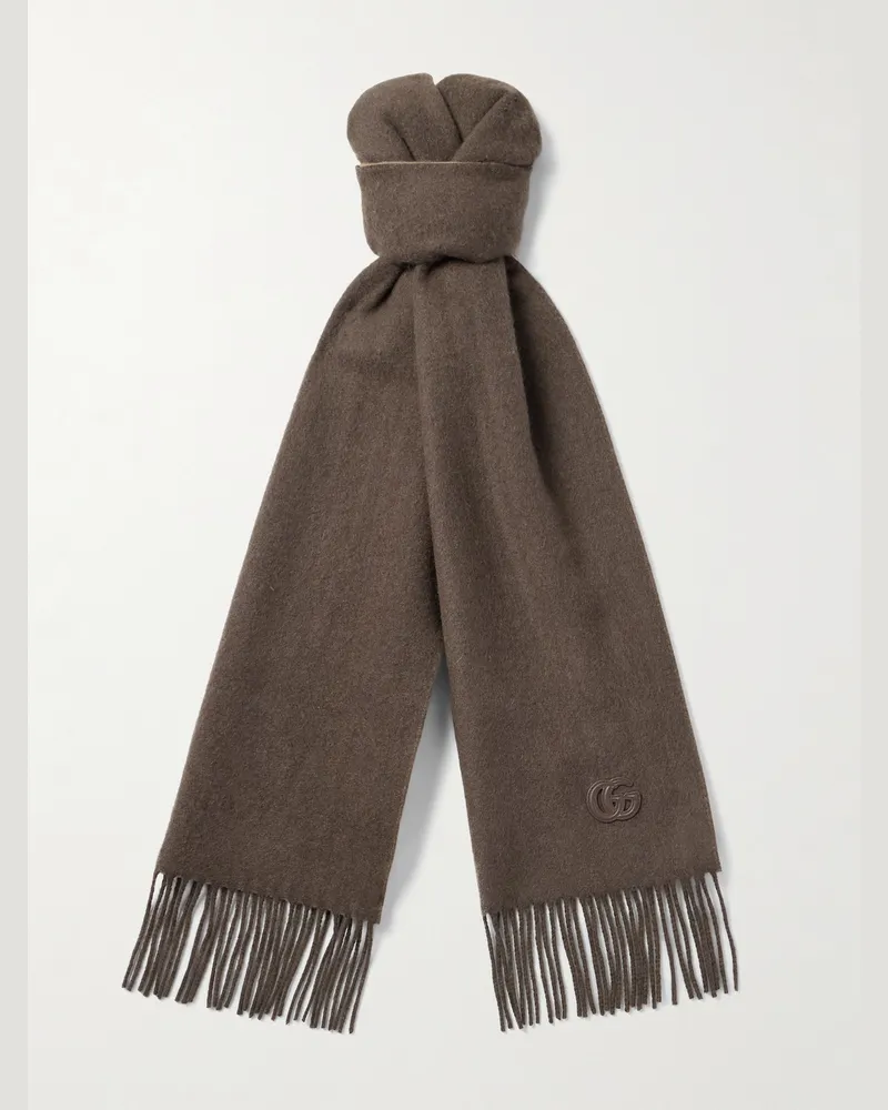 Gucci Fringed Logo-Appliquéd Leather-Trimmed Cashmere Scarf Brown