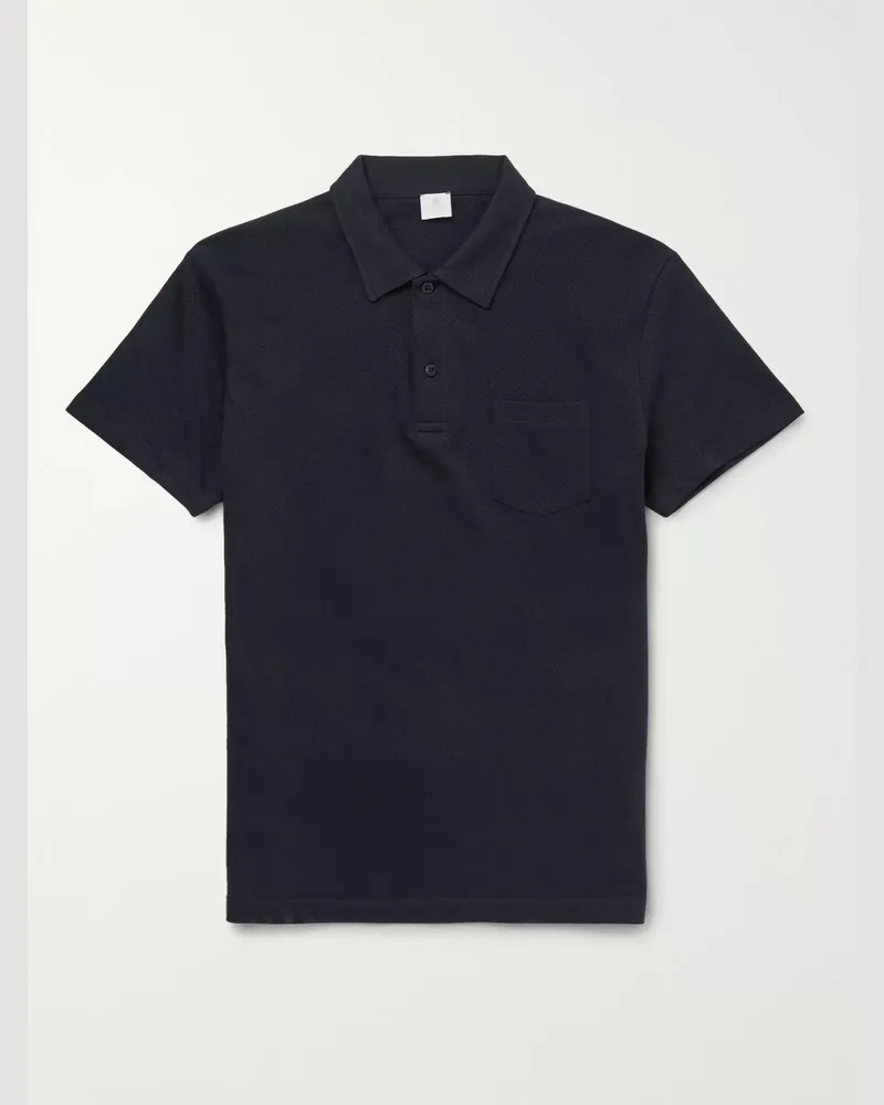 Sunspel Riviera schmal geschnittenes Polohemd aus Baumwoll-Mesh Blau