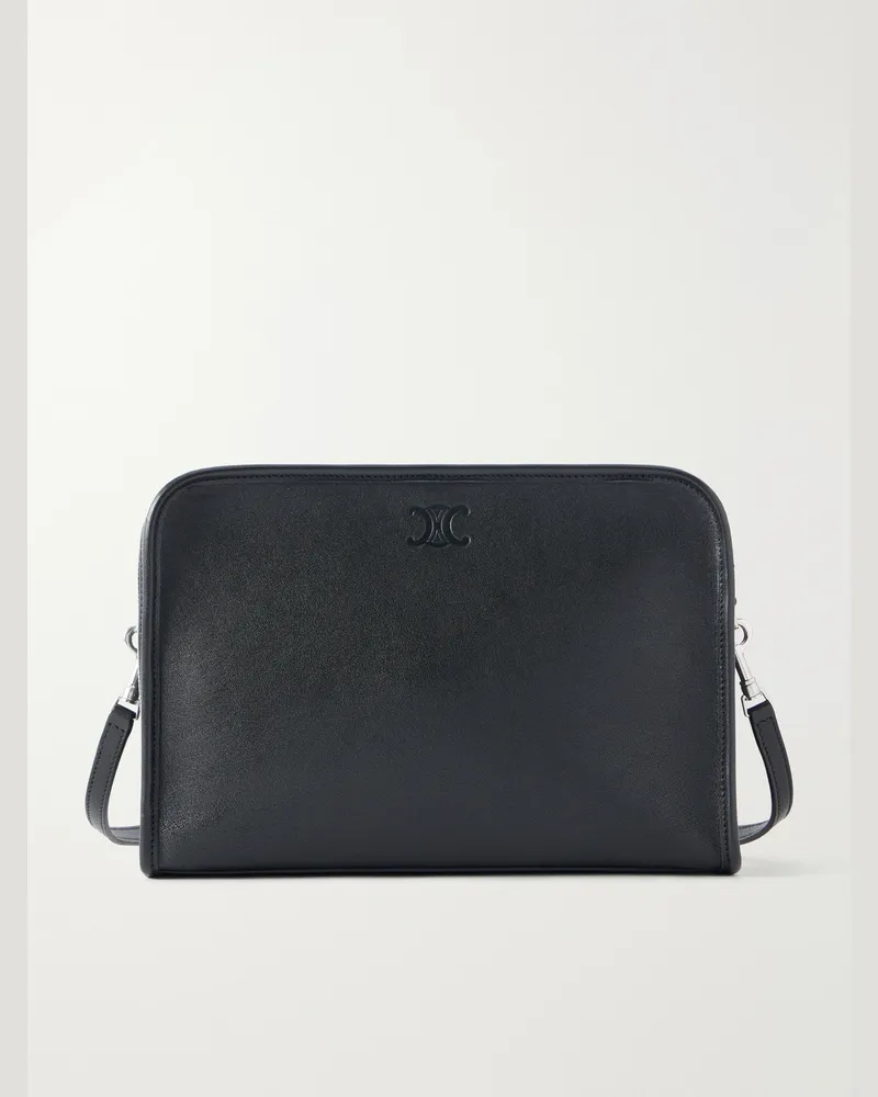 Celine Horizontal Triomphe-Debossed Leather Messenger Bag Black