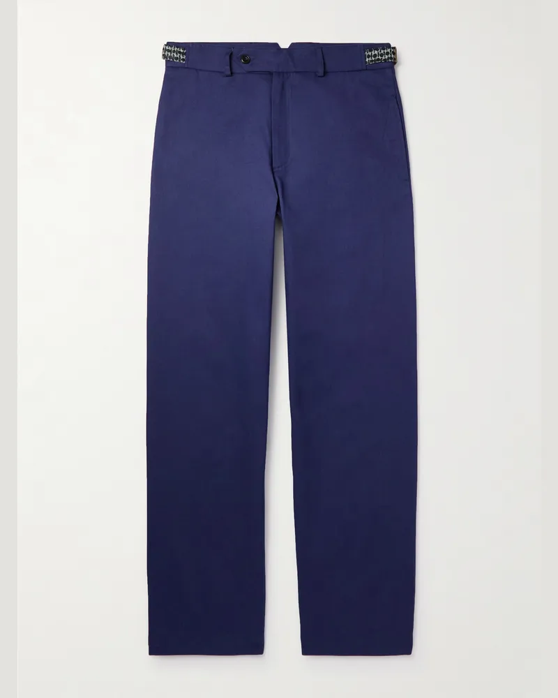 Nicholas Daley Straight-Leg Jacquard-Trimmed Cotton-Drill Trousers Blue