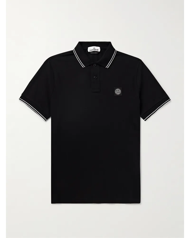Stone Island Polohemd aus Stretch-Baumwoll-Piqué mit Logoapplikation Schwarz