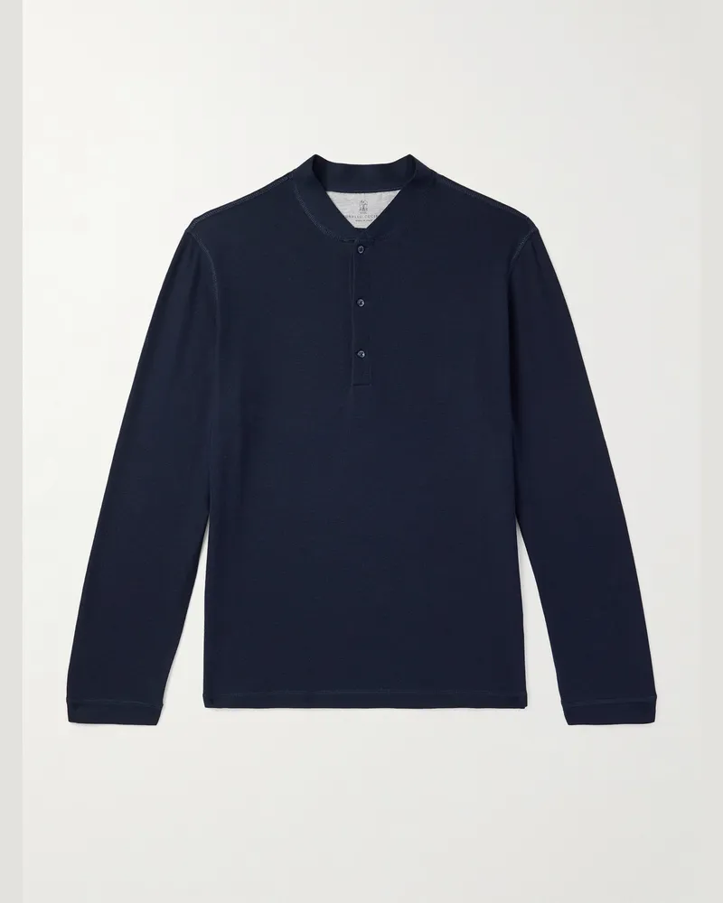 Brunello Cucinelli Cotton and Silk-Blend Henley T-Shirt Blue