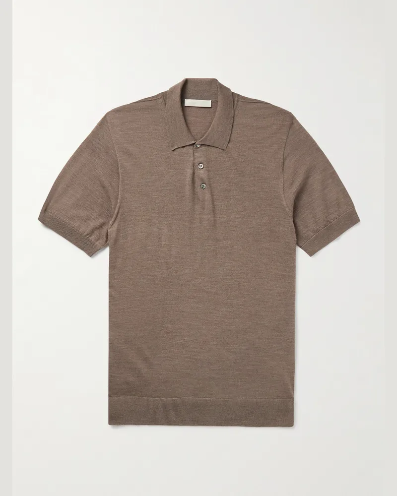 SAMAN AMEL Slim-Fit Wool Polo Shirt Brown