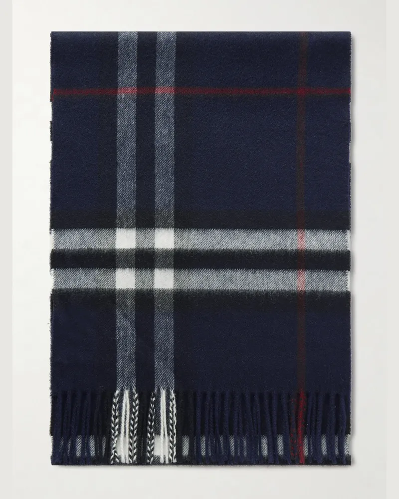 Burberry Fringed Checked Cashmere Scarf Blue