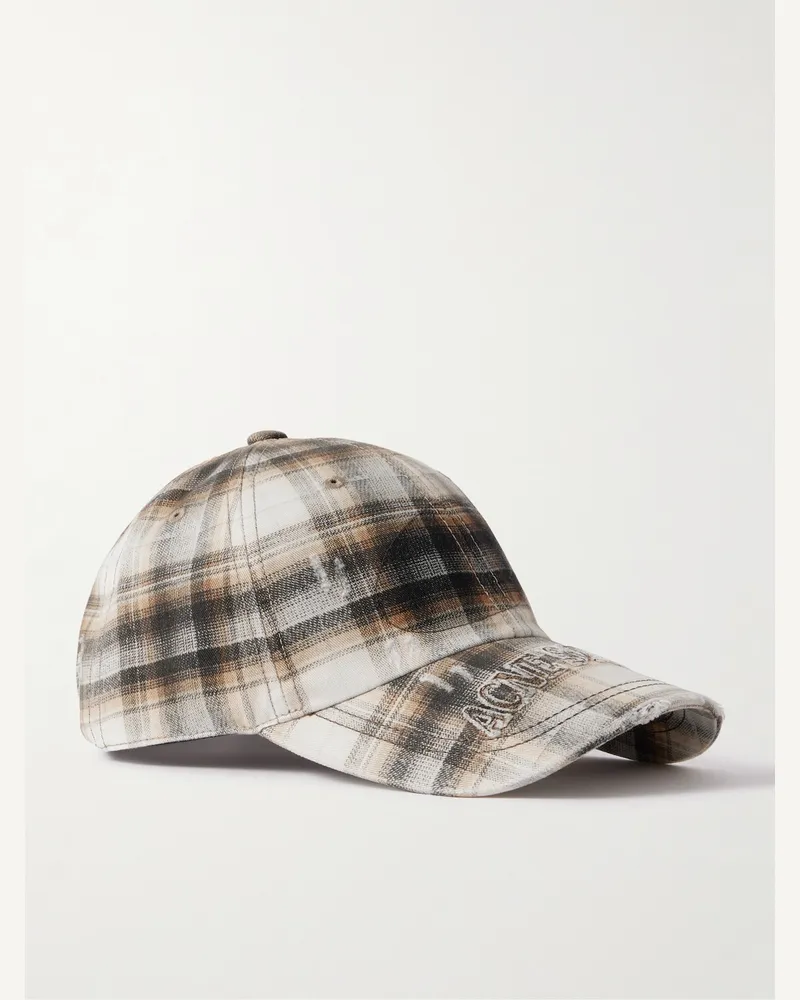 Acne Studios Karierte Baseballkappe aus Baumwoll-Twill mit Logoapplikation in Distressed-Optik Weiß