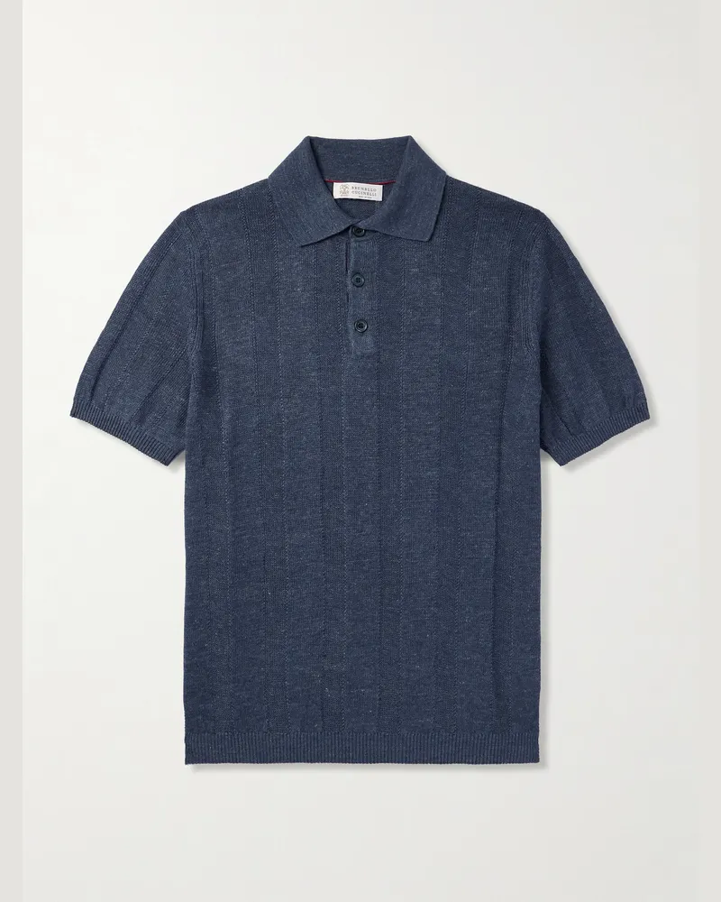 Brunello Cucinelli Polohemd aus einer Leinen-Baumwollmischung mit Streifen Blau