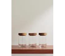 Set aus drei stapelbaren Gläsern mit Deckel aus Teakholz, 750 ml