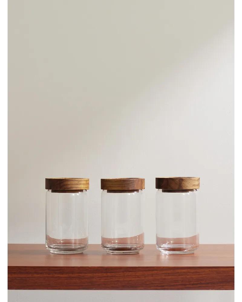 The Conran Shop Set aus drei stapelbaren Gläsern mit Deckel aus Teakholz, 750 ml Neutral