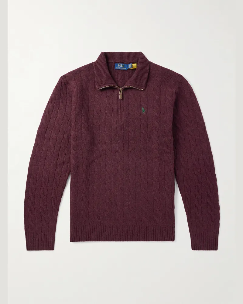 Ralph Lauren Logo-Embroidered Cable-Knit Wool and Cashmere-Blend Half-Zip Sweater Red