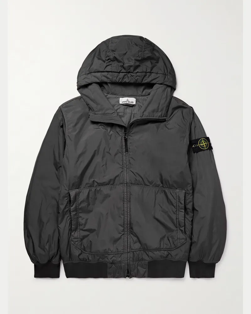 Stone Island Kapuzenjacke aus wattiertem Reps-Nylon in Knitteroptik mit Logodetail in Stückfärbung Grau