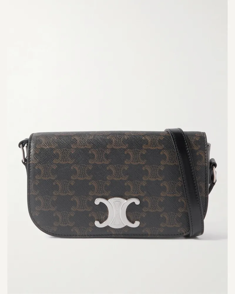 Celine Triomphe Umhängetasche aus beschichtetem Canvas mit Logoprint und Lederbesatz Schwarz