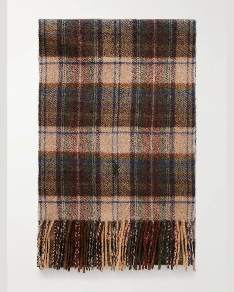 Ralph Lauren Fringed Logo-Embroidered Checked Recycled Cashmere and Wool-Blend Scarf Brown