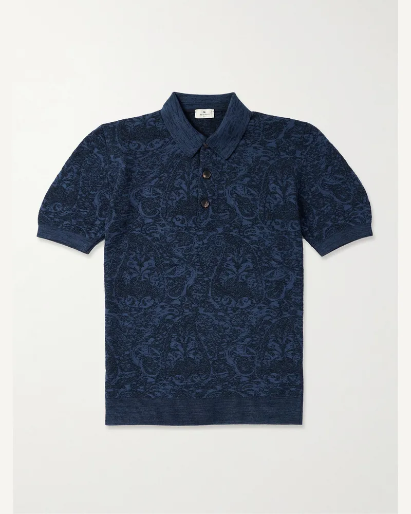 Etro Schmal geschnittenes Polohemd aus Jacquard-Strick aus einer Baumwollmischung mit Paisley-Muster Blau