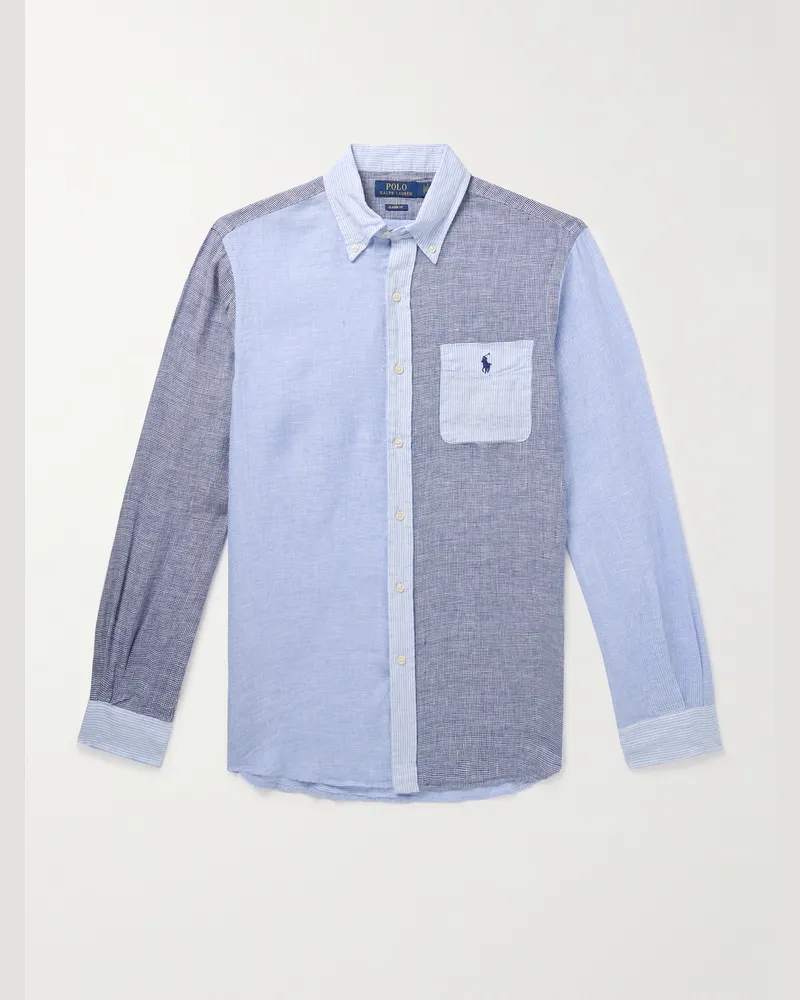 Ralph Lauren Hemd aus Leinen mit Streifen, feinem Hahnentrittmuster und Button-Down-Kragen Blau