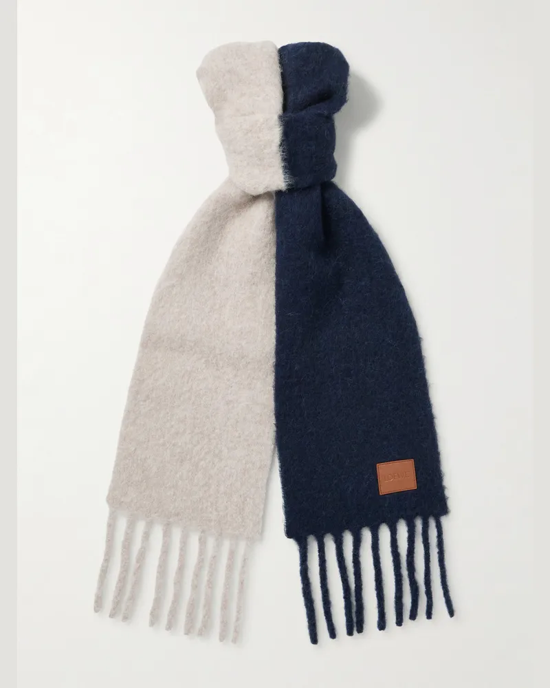 Loewe Logo-Appliquéd Fringed Two-Tone Alpaca and Wool-Blend Scarf Blue