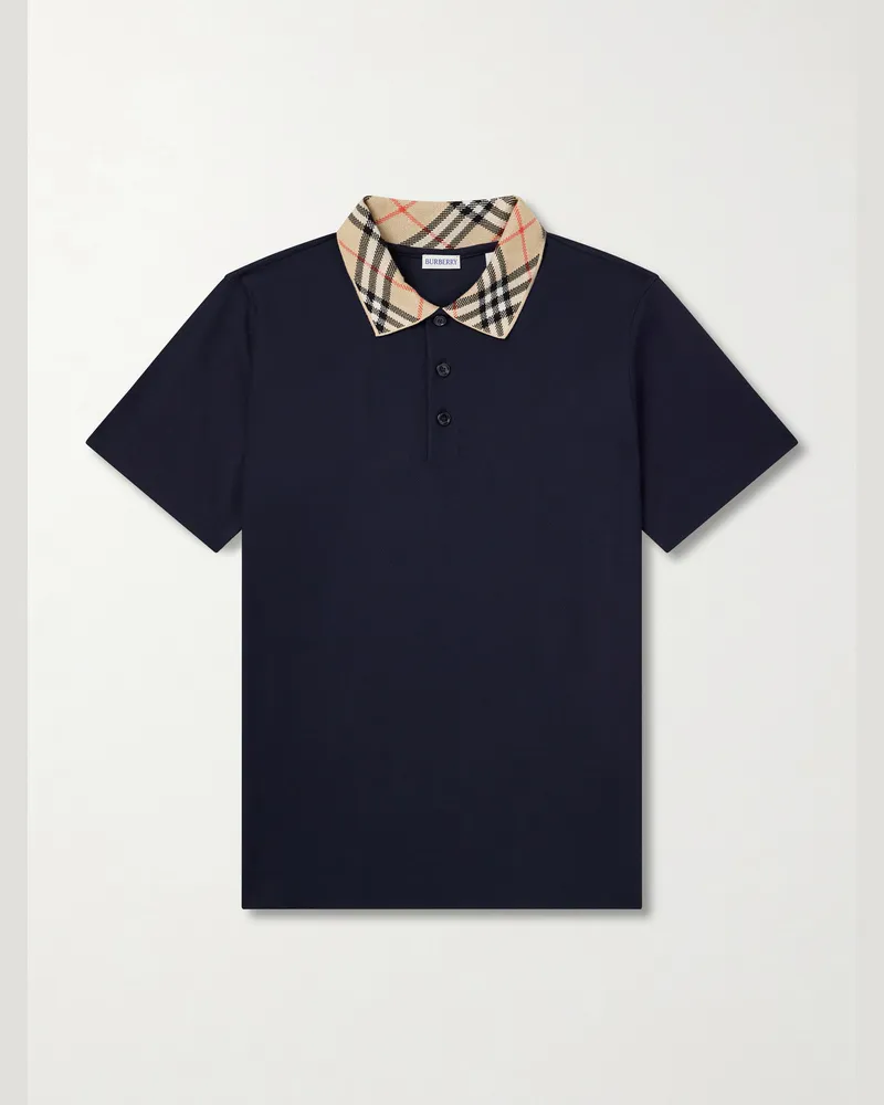 Burberry Checked Cotton-Piqué Polo Shirt Blue