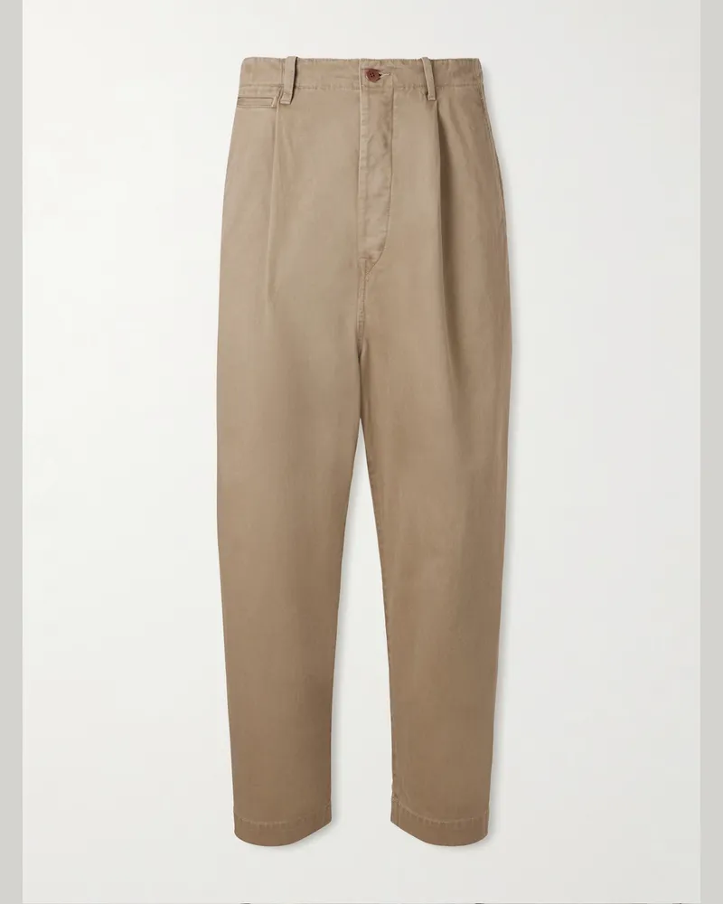 KAPITAL Straight-Leg Pleated Cotton-Twill Chinos Neutrals
