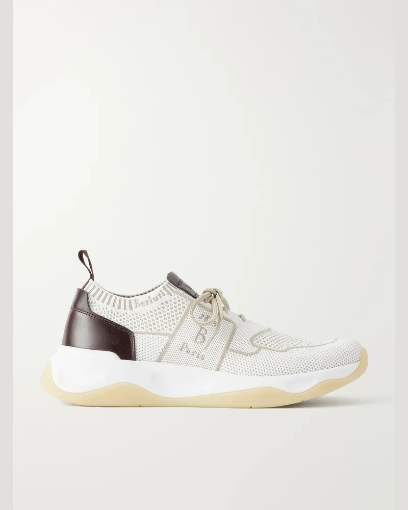Berluti Shadow Leather-Trimmed Stretch-Knit Sneakers White