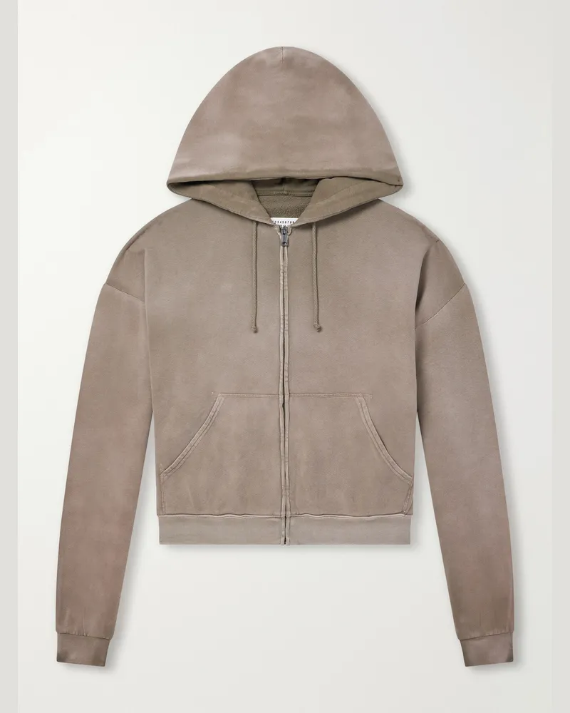 Maison Margiela Distressed Cotton-Jersey Zip-Up Hoodie Brown