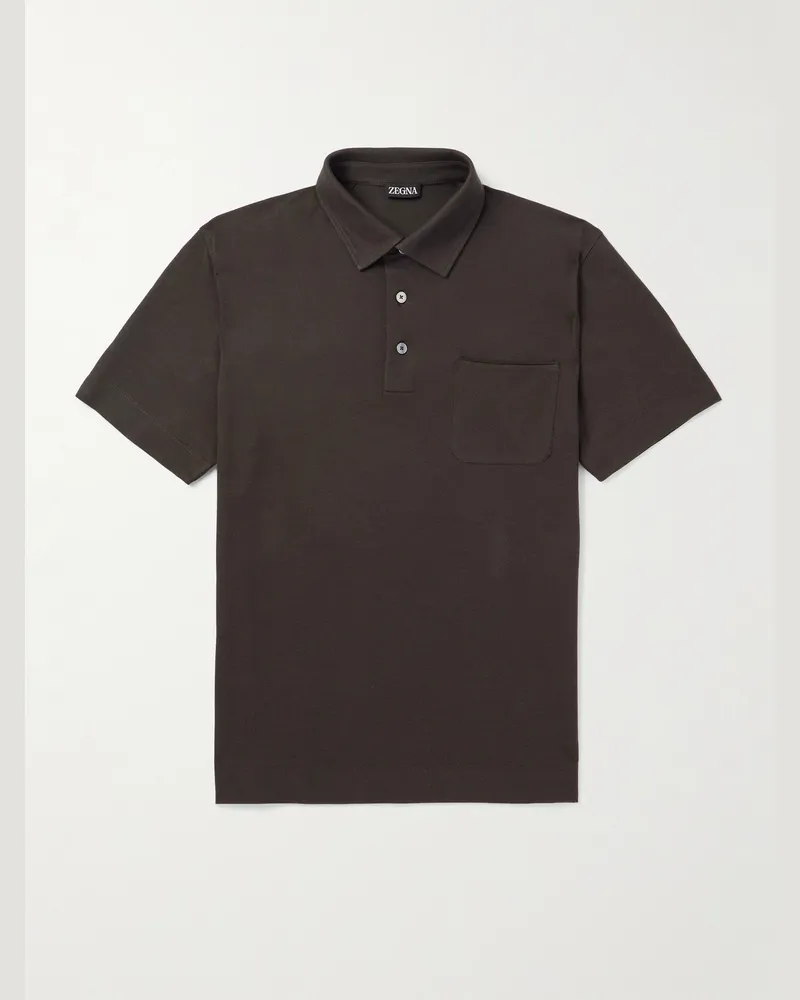 Ermenegildo Zegna Schmal geschnittenes Polohemd aus Baumwoll-Piqué mit Lederbesatz Braun