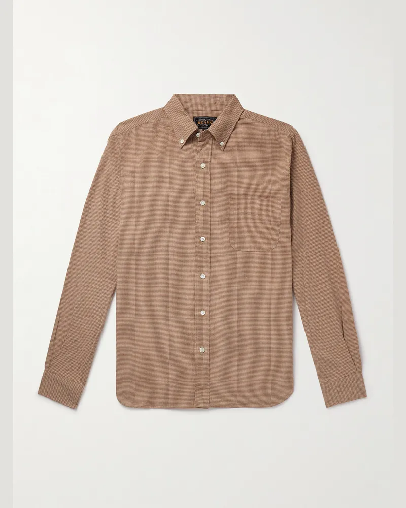 Beams Plus Hemd aus einer Baumwoll-Leinenmischung mit Gingham-Karo und Button-Down-Kragen Braun