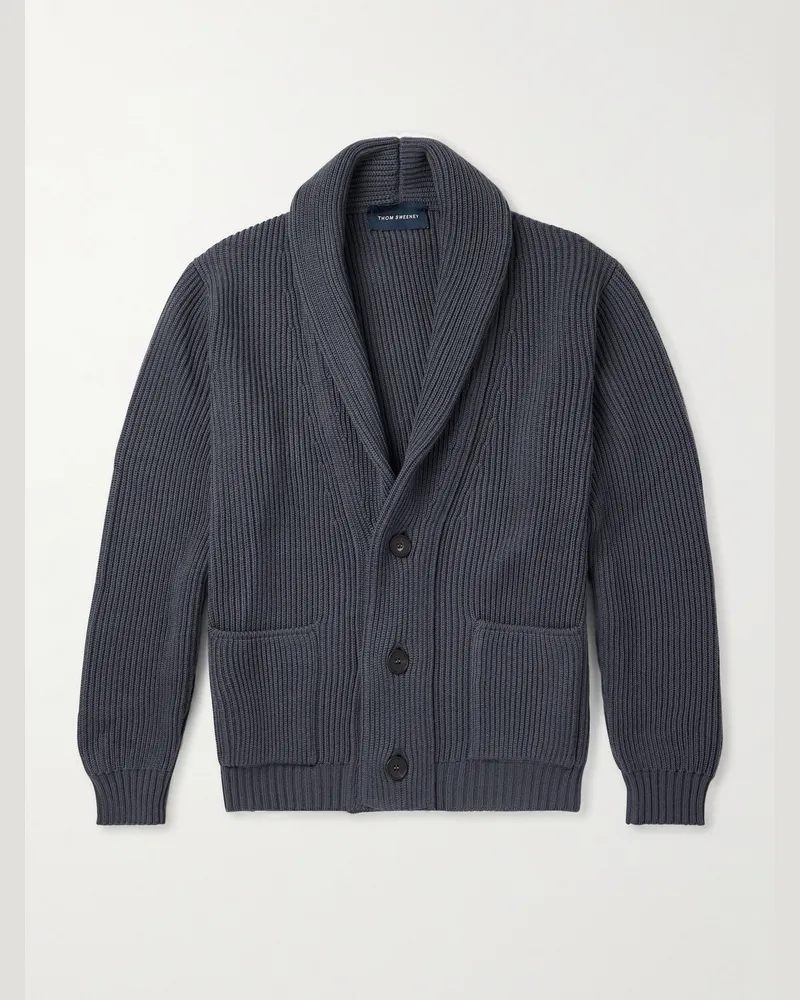 Thom Sweeney Cardigan aus Wolle in Rippstrick mit Schalkragen Blau