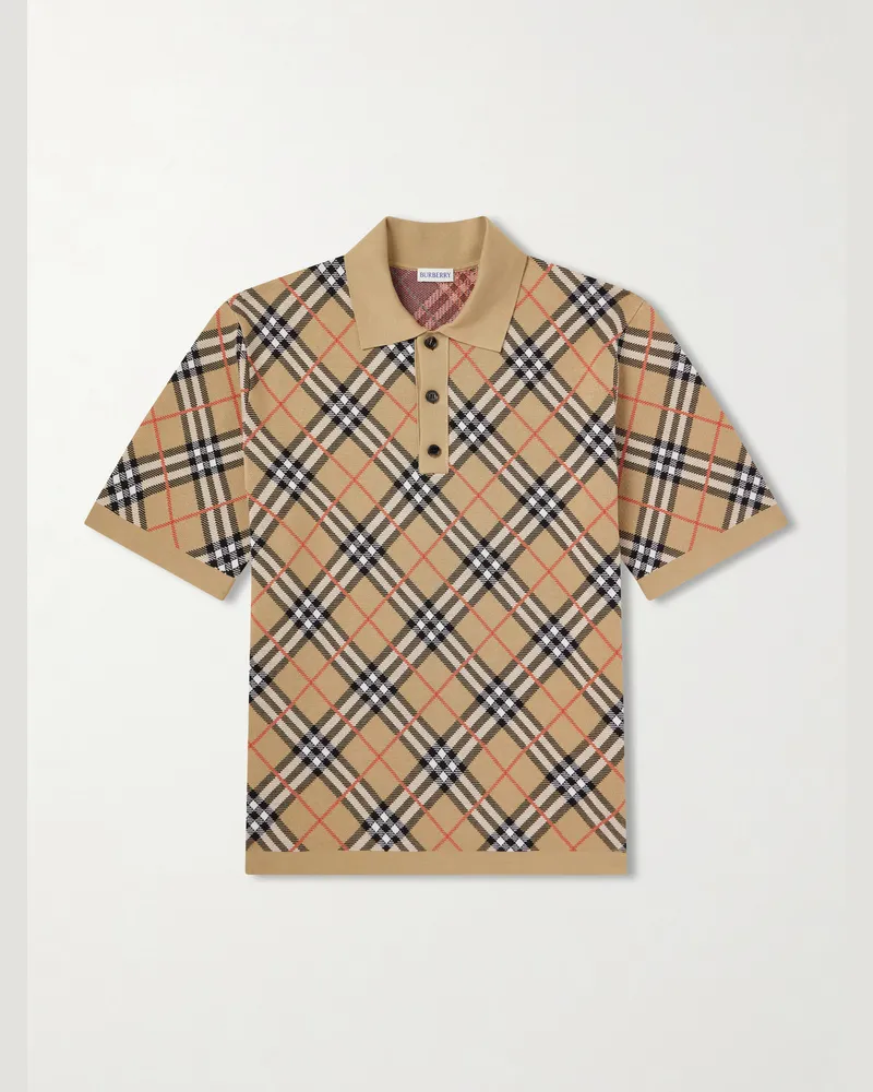 Burberry Checked Cotton-Blend Polo Shirt Neutrals