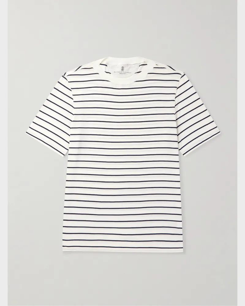 Brunello Cucinelli T-Shirt aus Jersey aus einer Seiden-Baumwollmischung mit Streifen Weiß