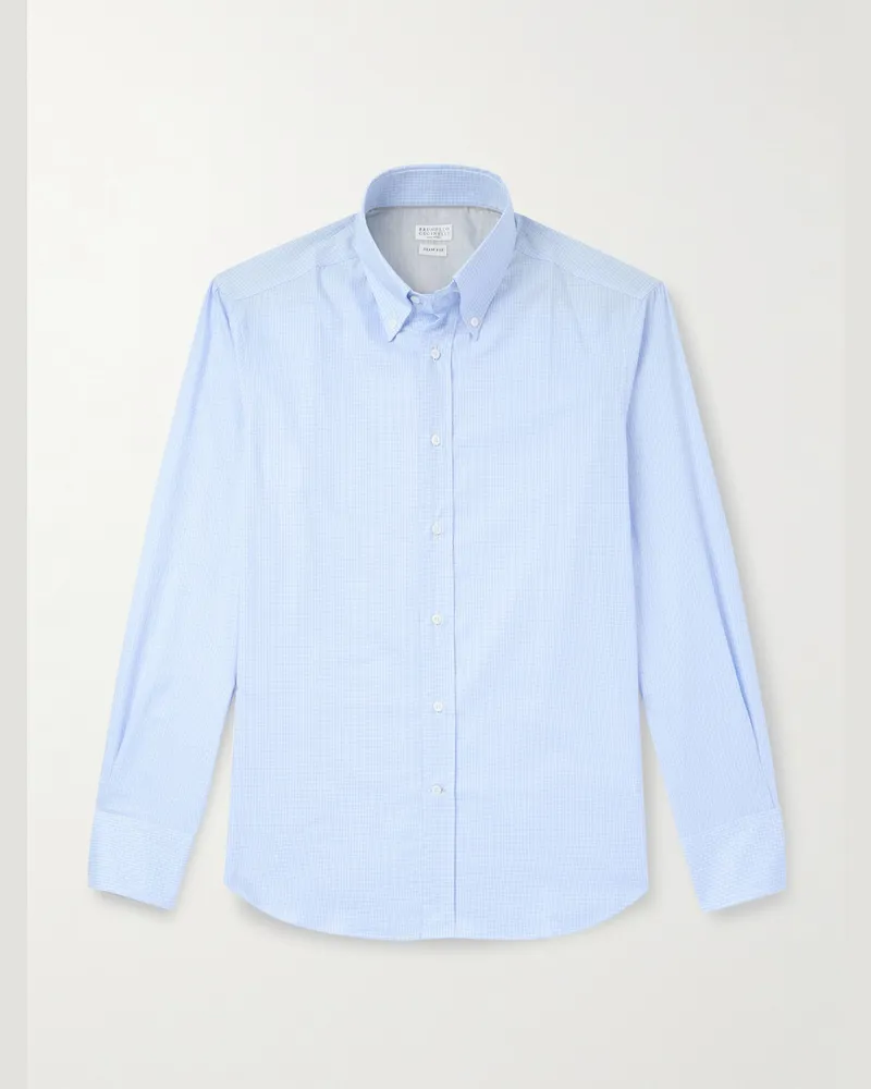 Brunello Cucinelli Schmal geschnittenes Baumwollhemd mit Button-Down-Kragen und Karomuster Blau