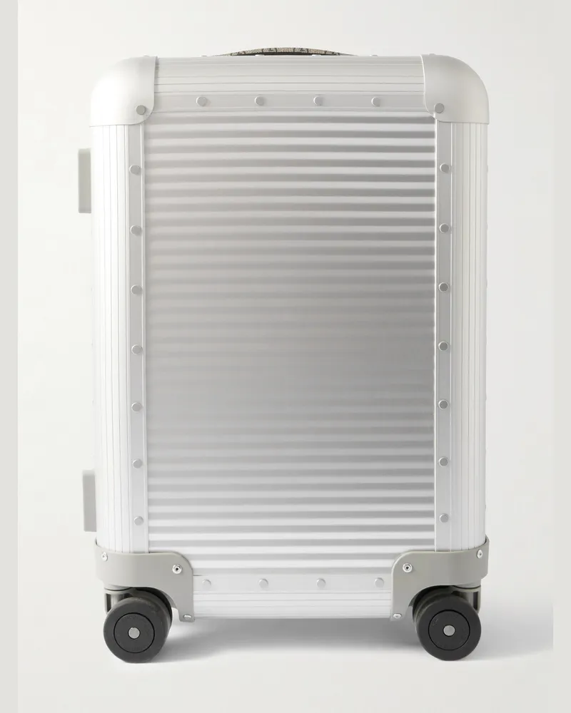 Gucci FPM Milano Porter silberfarbener Trolley-Koffer mit Besatz aus beschichtetem Supreme-Canvas mit Logomuster und Ledergurten Silber
