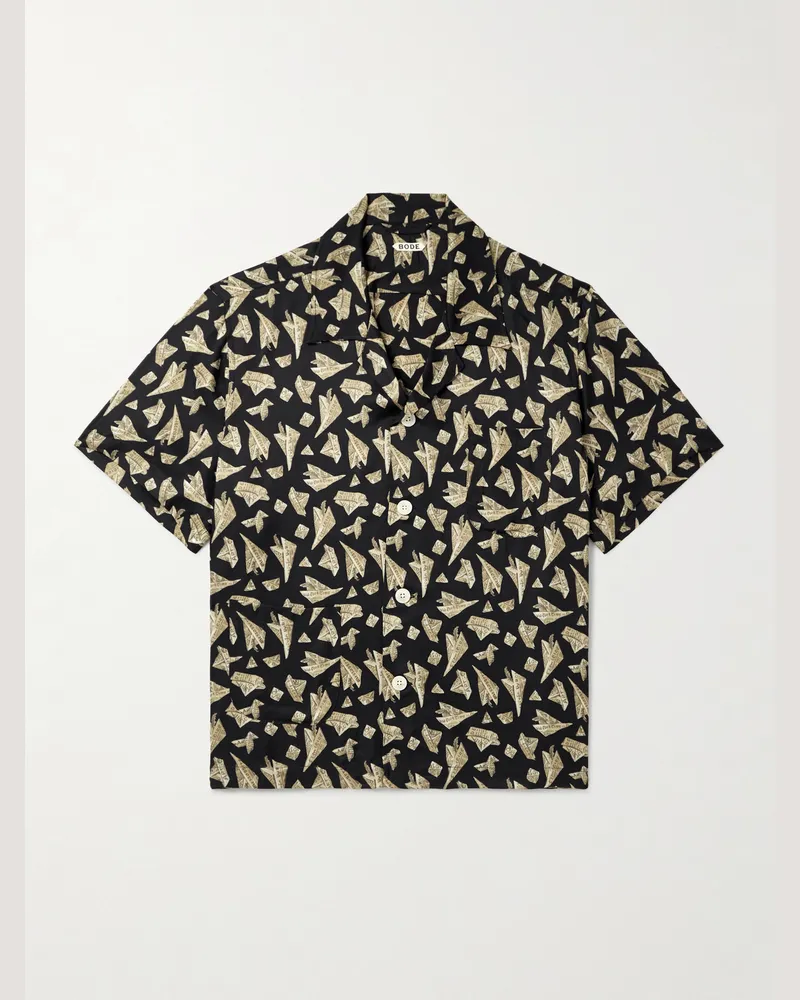 BODE Paper Hat Camp-Collar Printed Satin Shirt Black